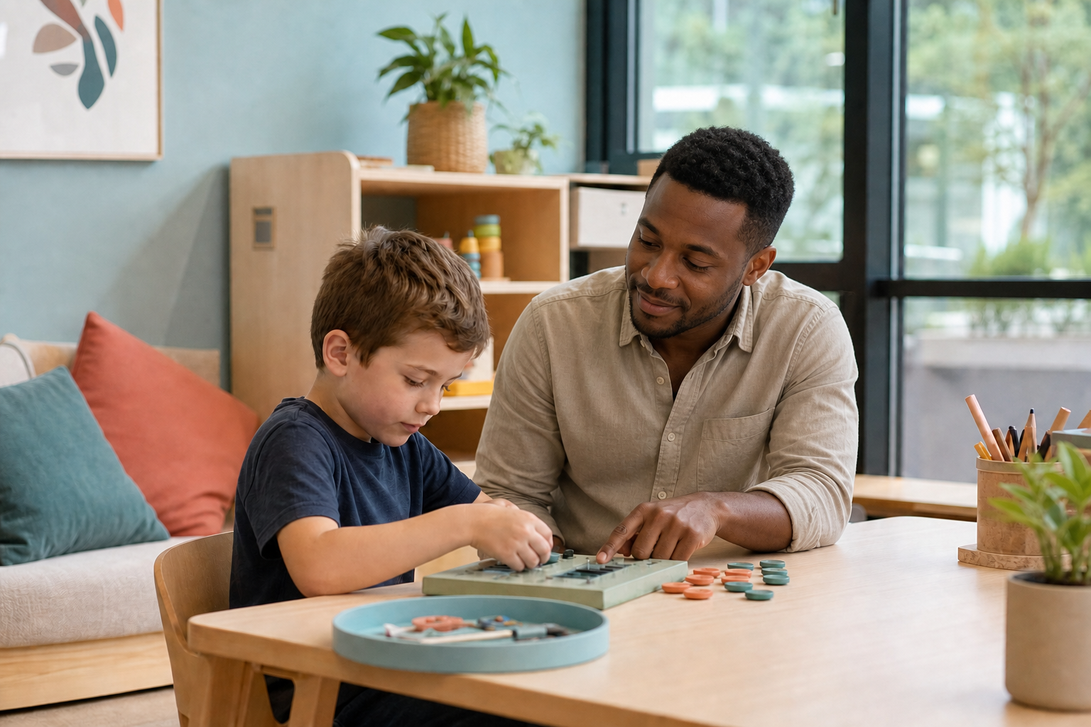 Occupational therapist supporting a child during a practical clinic activity